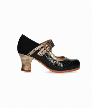 Zapato de baile flamenco profesional charol coco con ante negro y fantasía oro