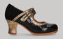Zapato de baile flamenco profesional charol coco con ante negro y fantasía oro