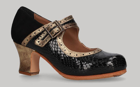 Zapato de baile flamenco profesional charol coco con ante negro y fantasía oro