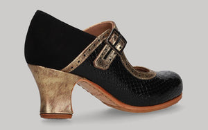 Zapato de baile flamenco profesional charol coco con ante negro y fantasía oro