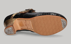 Zapato de baile flamenco profesional charol coco con ante negro y fantasía oro