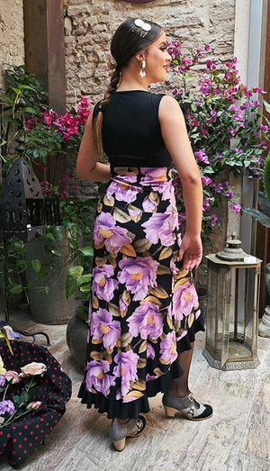 Falda-Sobrefalda Flamenco Estampada con Flores Malva y Volante Negro