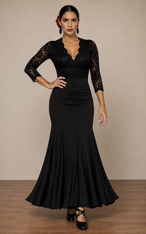 Falda flamenco de punto licra negra con 6 palas y 6 godets entallada a 1/2 cadera con mucho vuelo