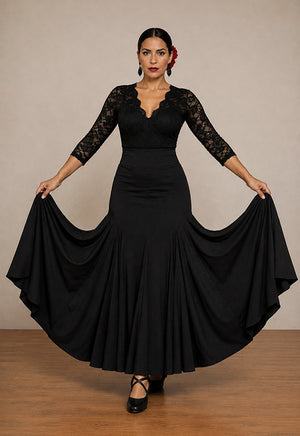 Falda flamenco de punto licra negra con 6 palas y 6 godets entallada a 1/2 cadera con mucho vuelo