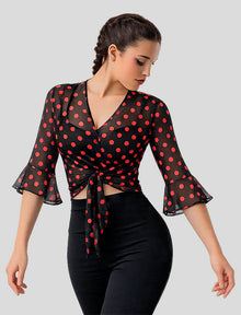 Cárdigan flamenco negro de microtul con estampado de lunares rojos