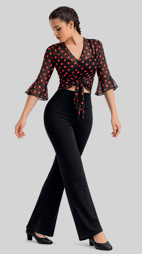 Cárdigan flamenco negro de microtul con estampado de lunares rojos