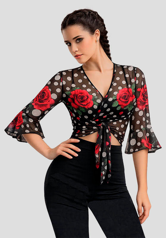 Cárdigan flamenco negro de microtul con estampado de flores y lunares