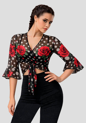 Cárdigan flamenco negro de microtul con estampado de flores y lunares