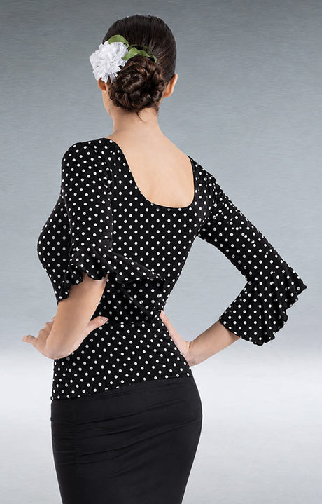 Top flamenco negro con lunares blancos pequeños