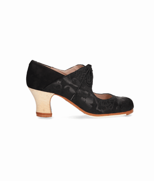 Zapato de baile flamenco profesional combinado en piel repujada negro y ante negro