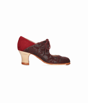 Zapato de baile flamenco profesional combinado en piel repujada burdeos y ante