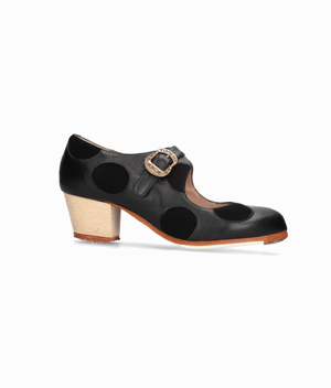 Zapato de baile flamenco profesional combinado piel negro y lunares en ante negro