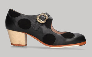 Zapato de baile flamenco profesional combinado piel negro y lunares en ante negro