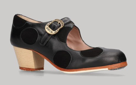Zapato de baile flamenco profesional combinado piel negro y lunares en ante negro