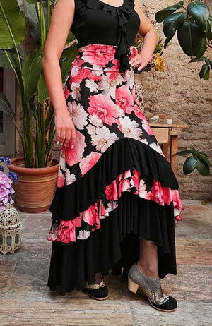 Falda Flamenco Negra Estampada de Flores Rosas y Blancas con Volantes