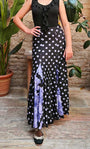 Falda flamenco negra con lunares malva y  godets estampado de flores malva con mucho vuelo