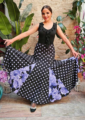 Falda Flamenco Negra con Lunares Malva y  Godets Estampado de Flores Malva con Mucho Vuelo