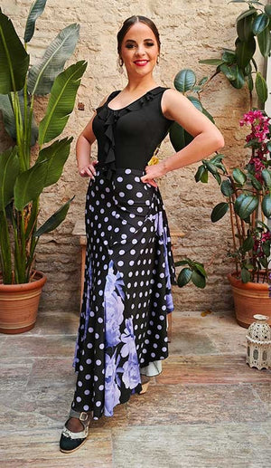Falda Flamenco Negra con Lunares Malva y  Godets Estampado de Flores Malva con Mucho Vuelo