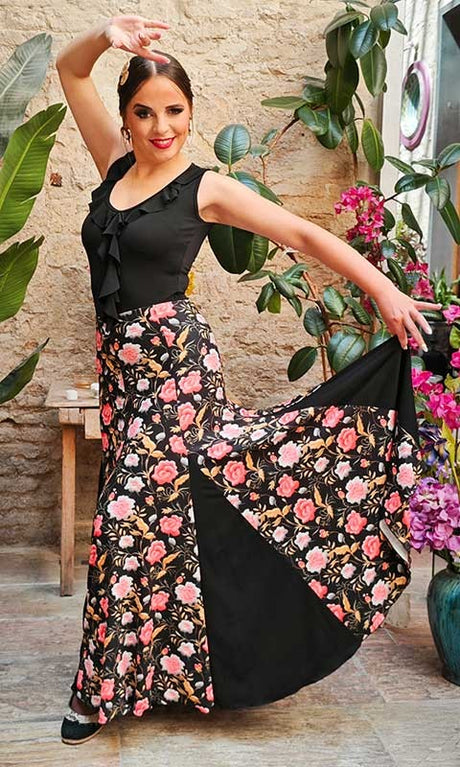 Falda Flamenco con Estampado de Flores Rosas y Godets Negros con Mucho Vuelo