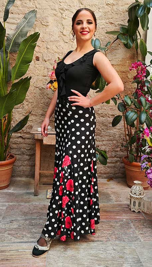 Falda Flamenco Negra con Estampado de lunares y Godets de Flores Rojas con Mucho Vuelo