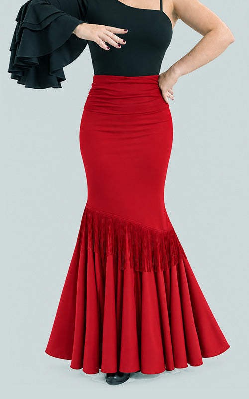 Falda flamenco roja con volante diagonal de flecos rojos