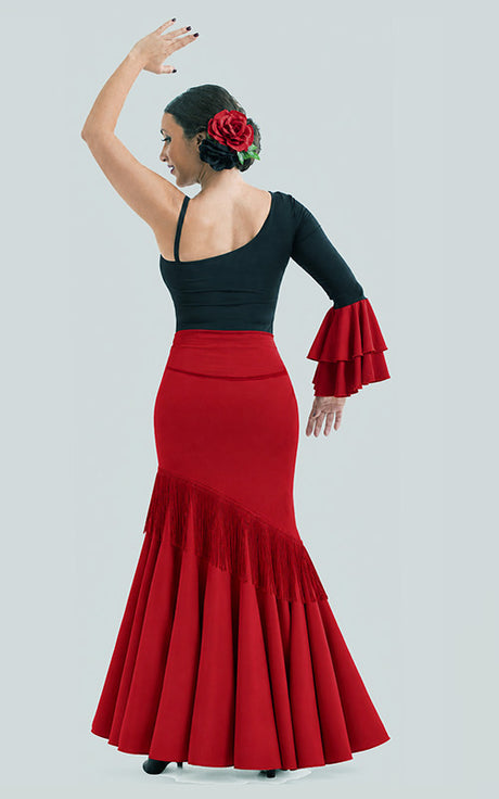 Falda flamenco roja con volante diagonal de flecos rojos