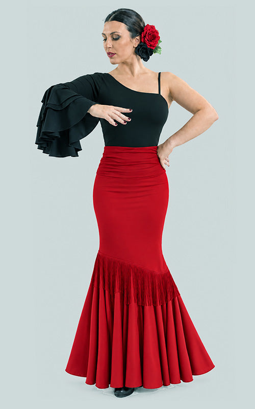 Falda flamenco roja con volante diagonal de flecos rojos