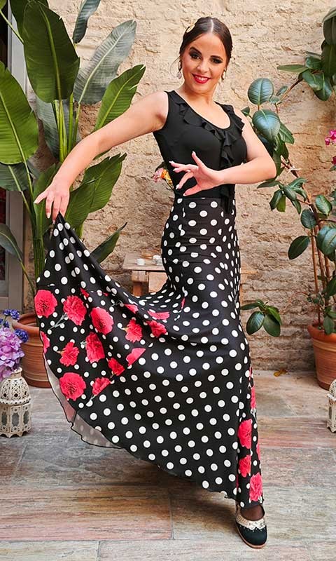 Falda Flamenco Negra con Estampado de lunares y Godets de Flores Rojas con Mucho Vuelo