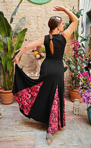 Falda Flamenco Negra  y Godets con Estampado de Flores con Mucho Vuelo
