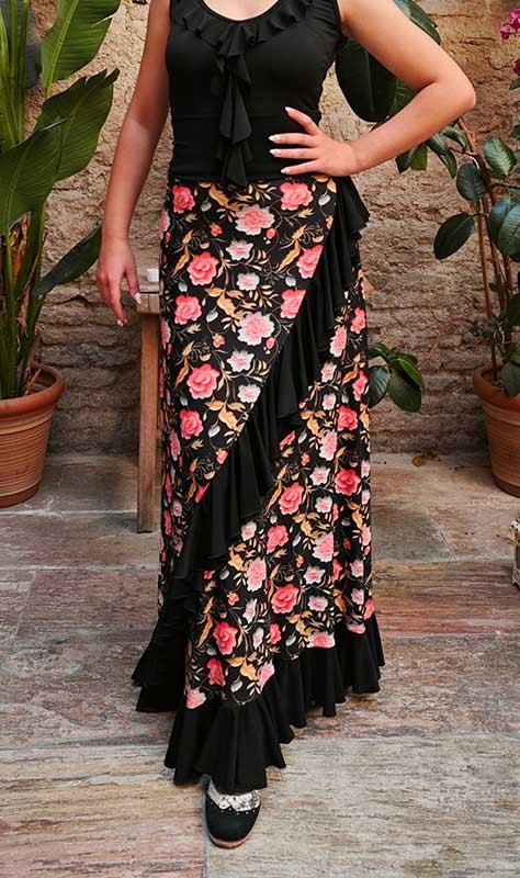 Flamenco Skirt with Colorful Floral Print and Diagonal Ruffle and Black Bottom