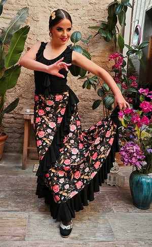 Flamenco Skirt with Colorful Floral Print and Diagonal Ruffle and Black Bottom
