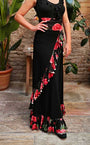 Falda flamenco negra con volante diagonal e inferior estampado de flores