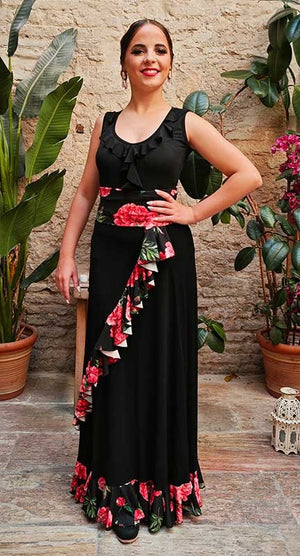 Black Flamenco Skirt with Diagonal Ruffle and Floral Print Bottom