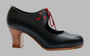 Chaussure de danse flamenco professionnelle en cuir noir avec ornement en forme de larme rouge