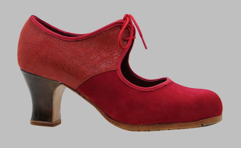 Professional flamenco dance shoe in red suede and fantasy