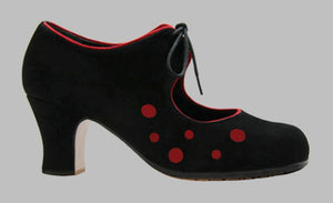 Chaussure de danse flamenco professionnelle en daim noir et daim rouge à pois
