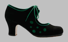 Chaussure de danse flamenco professionnelle en daim noir et daim vert à pois
