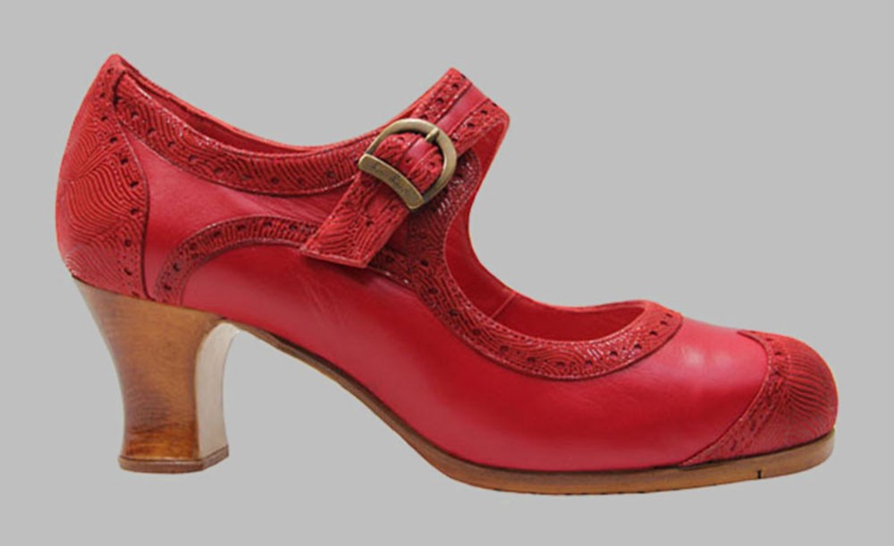Chaussure de danse flamenco professionnelle combinée cuir rouge et fantaisie