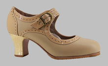 Chaussure de danse flamenco professionnelle en cuir beige et cuir verni