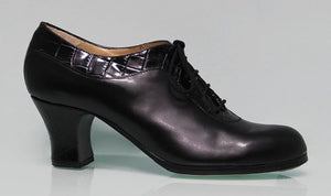 Chaussure de danse flamenco professionnelle avec brides à la cheville, combinée en cuir noir et noix de coco