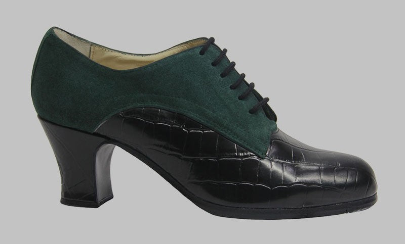 Chaussure de danse flamenco professionnelle en cuir noir et daim vert