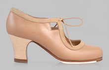 Chaussure de danse flamenco professionnelle, cuir beige, maquillage, lacets