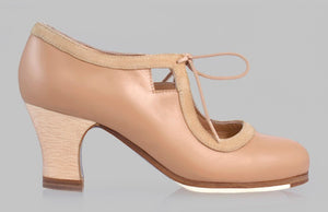 Chaussure de danse flamenco professionnelle, cuir beige, maquillage, lacets