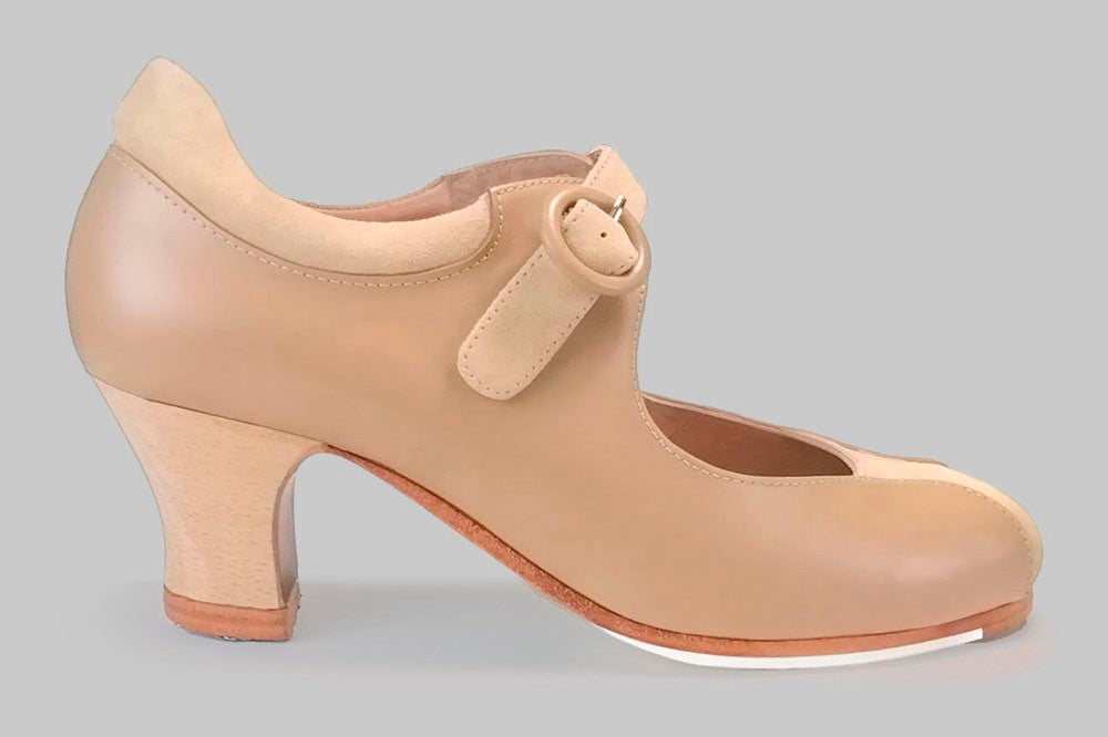 Chaussure de danse flamenco professionnelle en cuir beige à boucle large