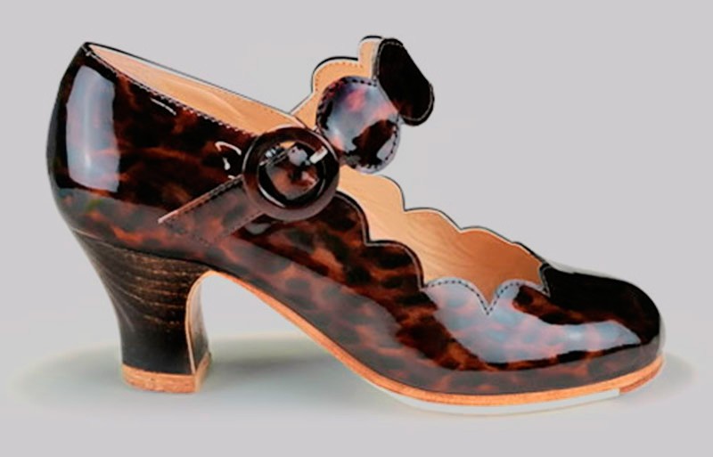 Chaussure de danse flamenco professionnelle en cuir verni nacré marron avec boucle