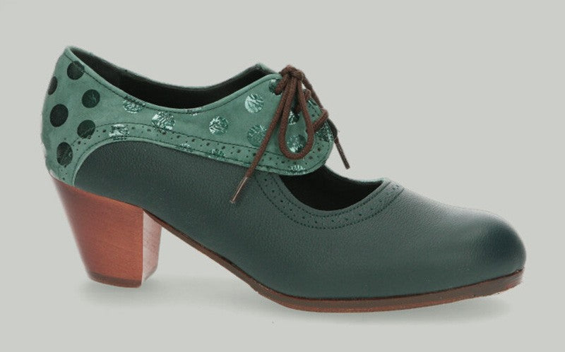 Professional flamenco dance shoe in bottle green leather and