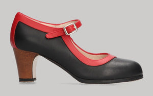 Chaussure de danse flamenco professionnelle en cuir noir et rouge avec boucle