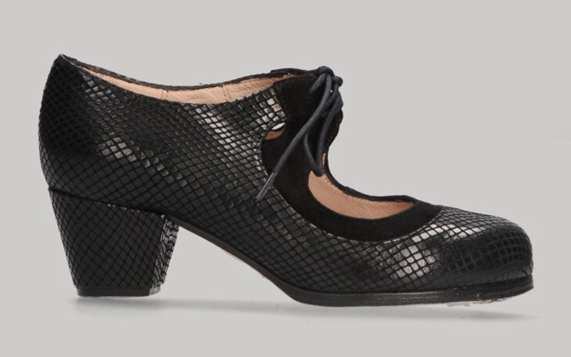 Chaussure de danse flamenco professionnelle en peau de serpent noire avec lacets