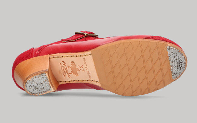 Chaussure de danse flamenco professionnelle combinée cuir rouge et fantaisie avec talon cubain