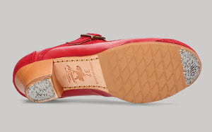 Chaussure de danse flamenco professionnelle combinée cuir rouge et fantaisie avec talon cubain